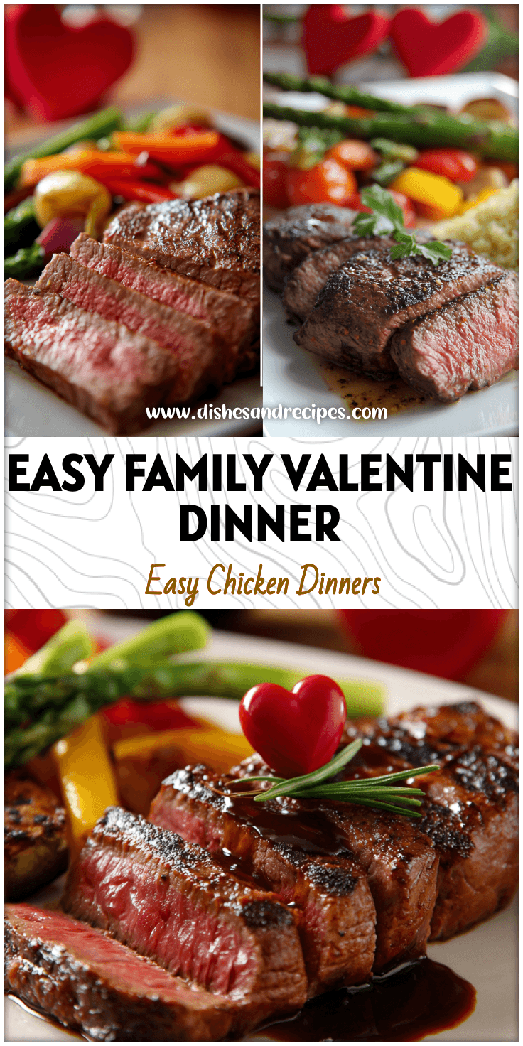 Family-style Valentine’s dinner table with healthy steak, vegetables, and heart-themed décor.